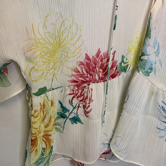 Zara Semi-Sheer Ivory Floral Lace Up Neckline Kimono Sleeve Peplum Top Size M - Picture 7 of 12